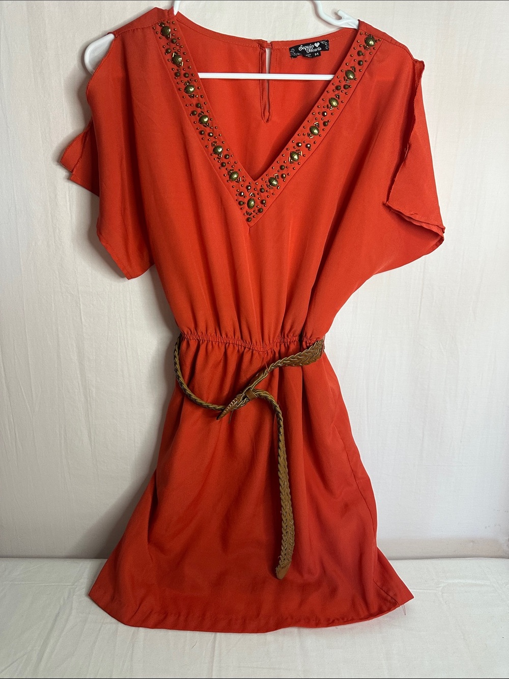 Sequin Hearts Orange Beaded V-Neck Midi Dress with Matching Weaved Belt